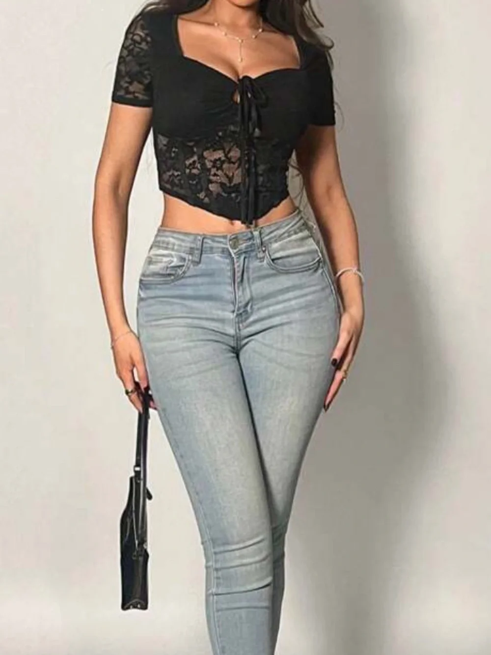 Shein Size M Black Lace Corset-Style Keyhole Tie Short Sleeve Crop Top Goth